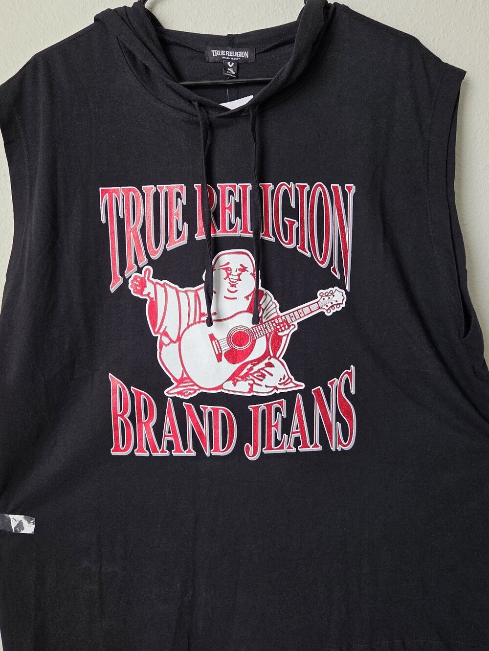 True Religion Black Sleeveless Hoodie Tank with Red Graphic